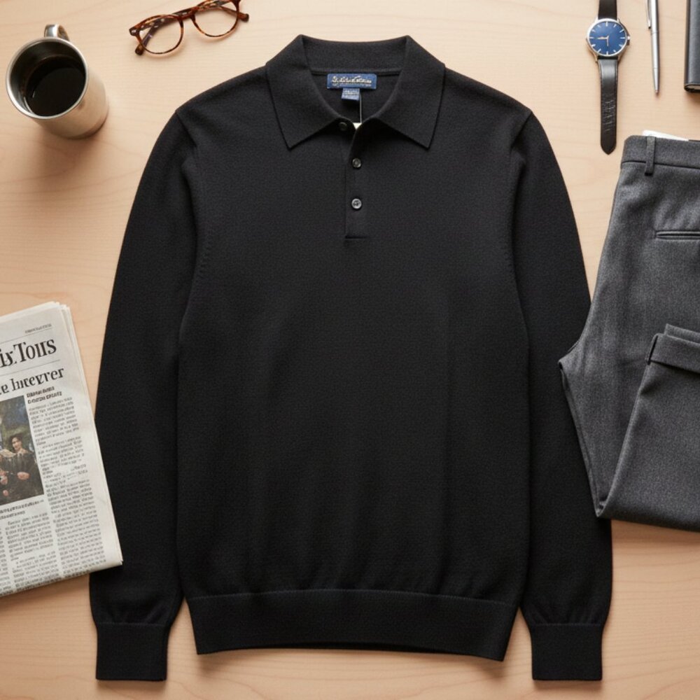 Brooks Brothers Merino Wool Long Sleeve Polo Sweater - Black - Men's Size L